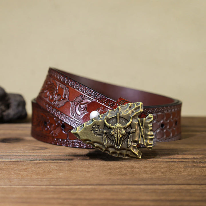 Men's DIY Arrowhead Shaped Bull Buckle Leather Belt