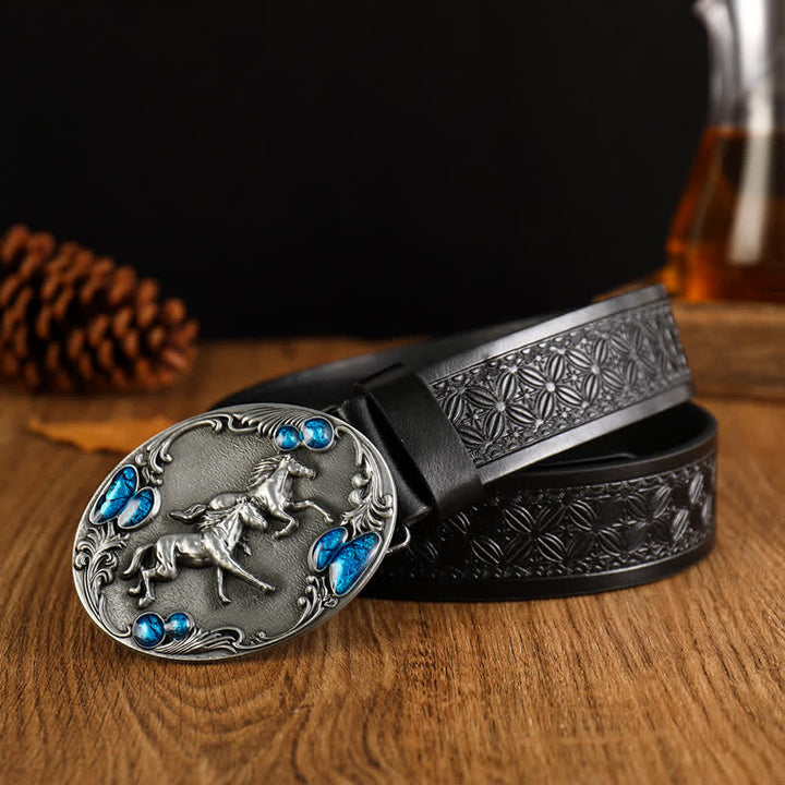 Men's Double Horses Faux Gemstone Leather Belt