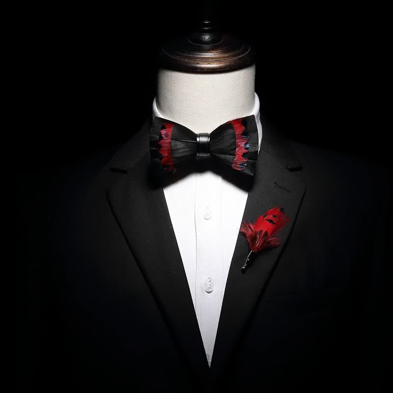 Black & Red Swan Feather Bow Tie with Lapel Pin