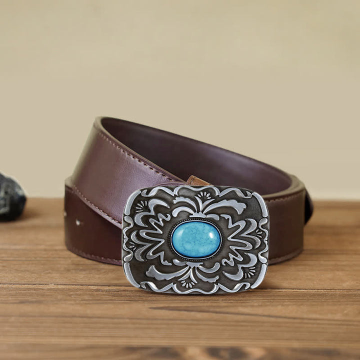 Men's DIY Turquoise Stone Flower Buckle Leather Belt