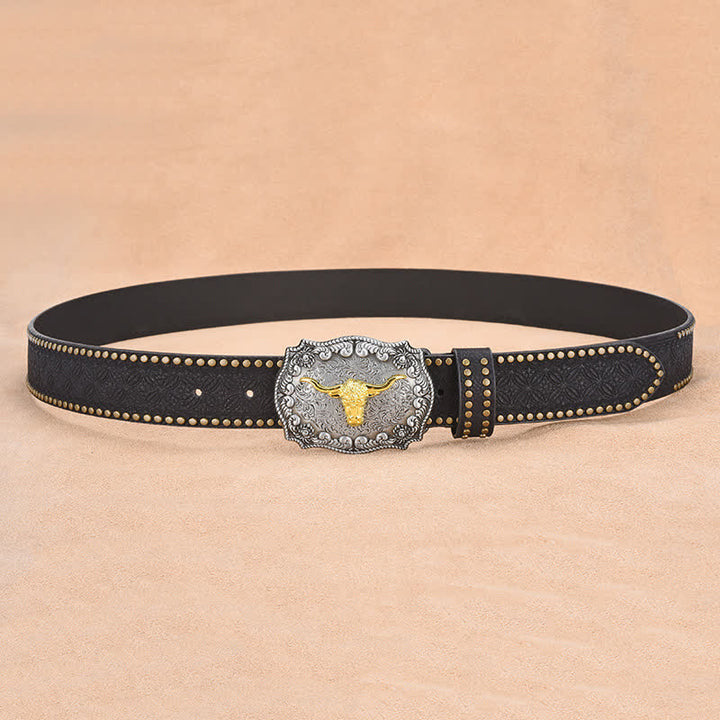 Men's Punk Rivet Gold Longhorn Bull Leather Belt