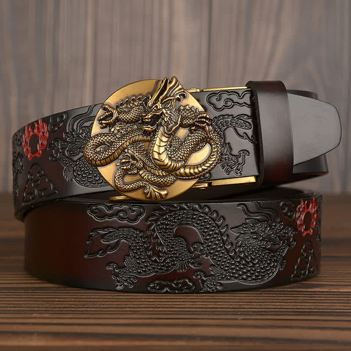 Men's Flame Dragon Round Automatic Buckle Leather Belt