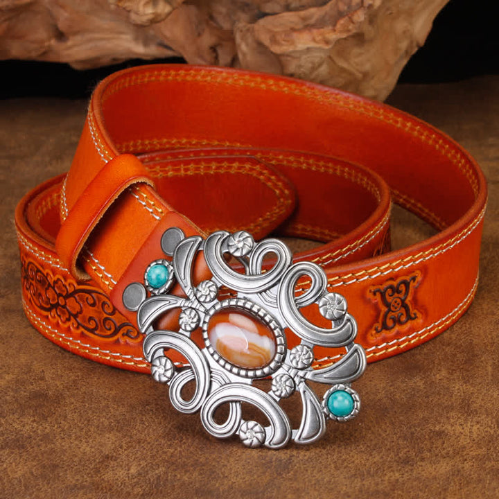 Unisex Agate Stone Turquoise Hollow Flower Leather Belt