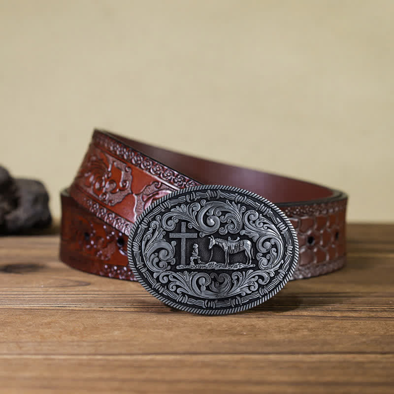 Men's DIY Praying Cowboy Oval Buckle Leather Belt