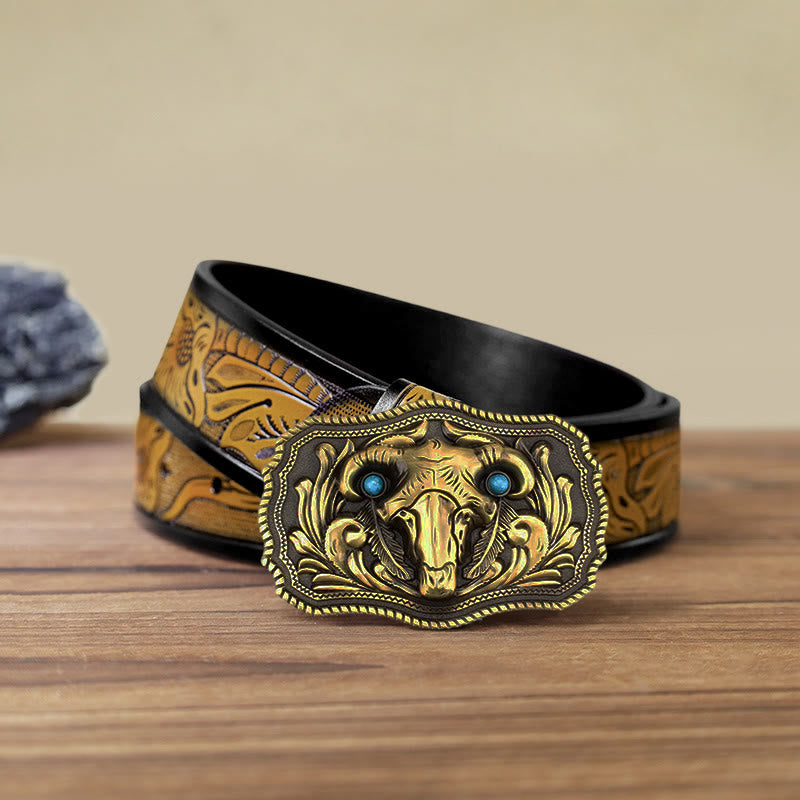 Men's DIY Goat Skull Turquoise Buckle Leather Belt