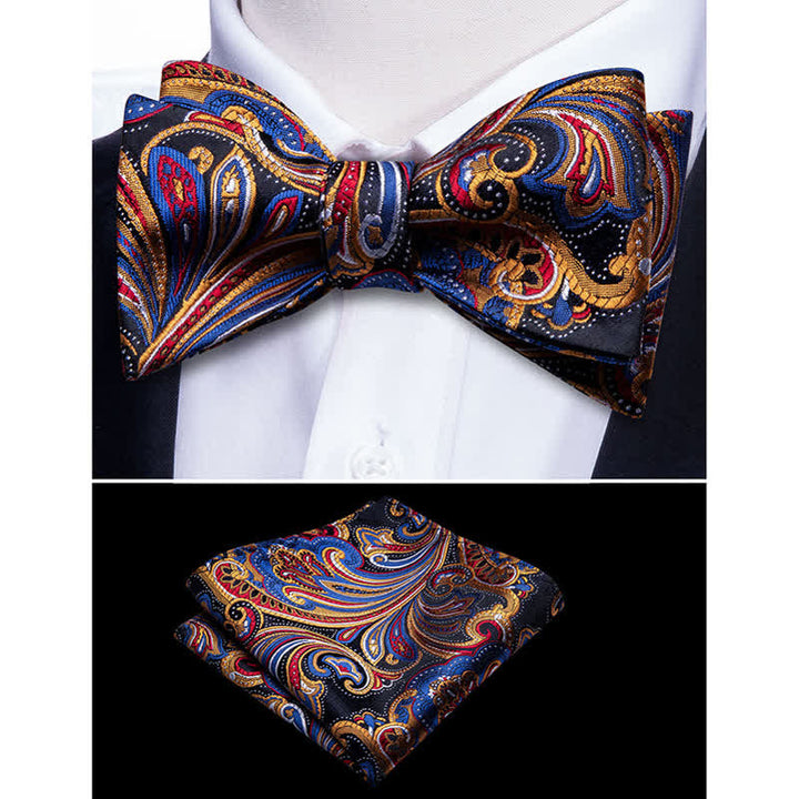 2Pcs Men's Gold & Blue Paisley Bow Tie Pocket Square Set