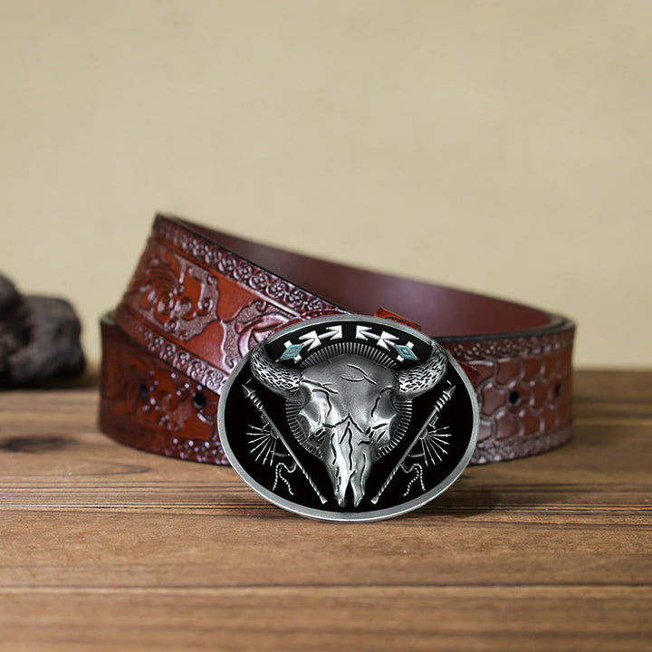 Men's DIY Indian Theme Bull Skull Buckle Leather Belt