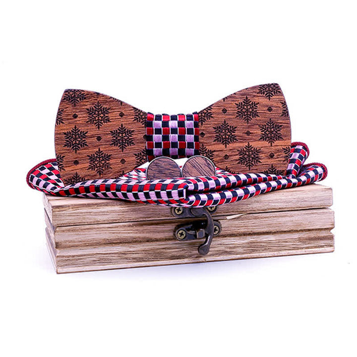 3Pcs Men's Snowflakes Pattern Christmas Wooden Bow Tie Set