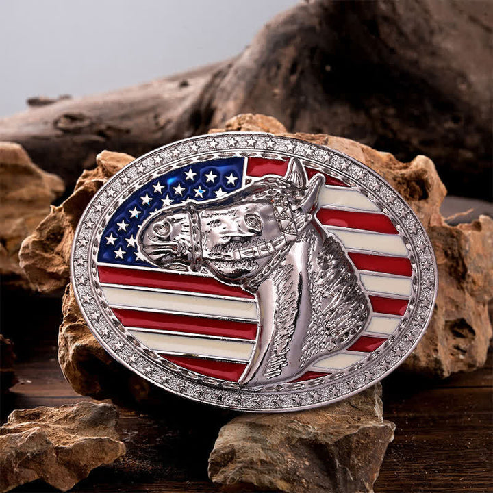 Men's DIY Horse Head American Flag Buckle Leather Belt