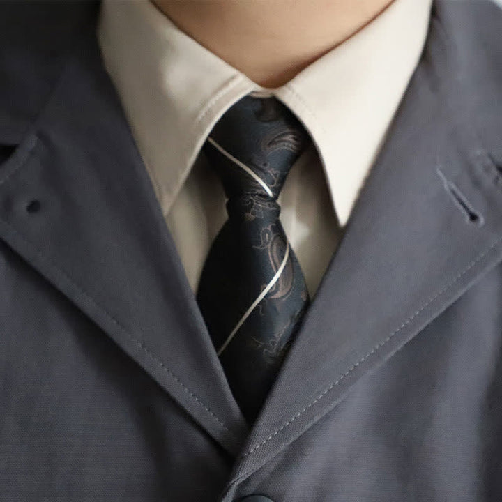 Men's Elegant Zipper Tie Paisley Striped Necktie - Black Paisley - image 8
