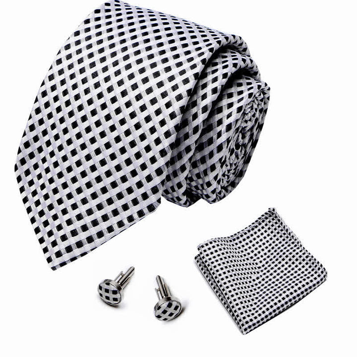 3Pcs Men's White & Black Woven Checked Necktie Set