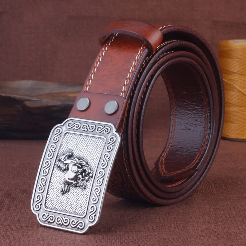 Men's Ethnic Cowboy Silver Horse Leather Belt