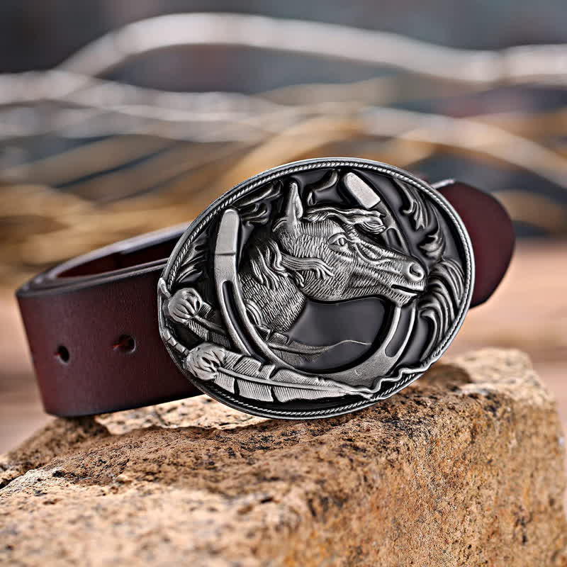 Men's DIY Horseshoe Black Enamel Buckle Leather Belt