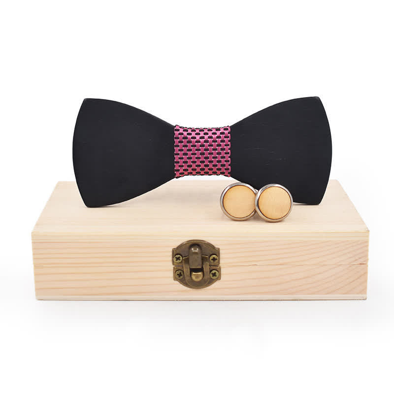 2Pcs Men's Black Wooden Bow Tie Cufflinks Set