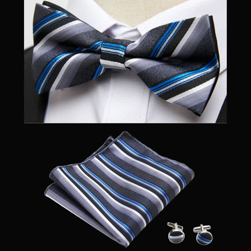 3Pcs Men's Classic Striped Bow Tie Pocket Square Set - Gray & Blue - image 0