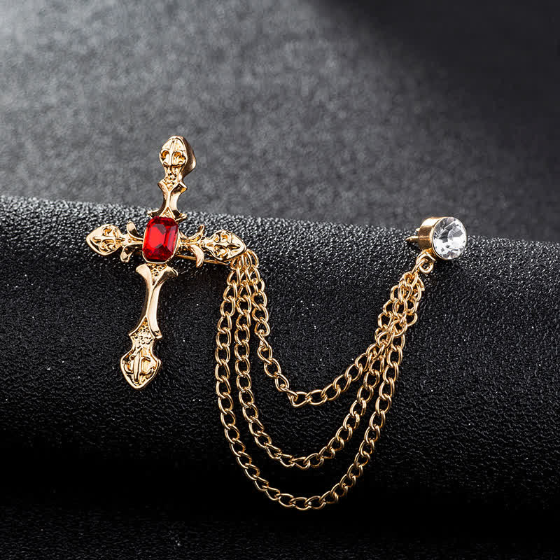 Men's Classic Cross Crystal Chain Brooch