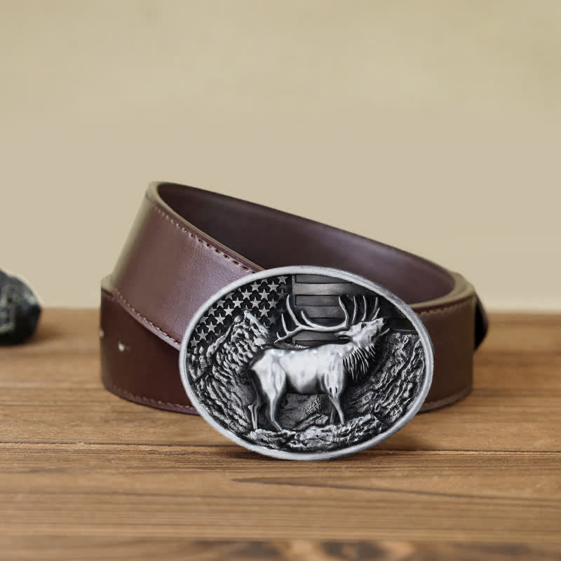 Men's DIY Elk Deer American Flag Buckle Leather Belt