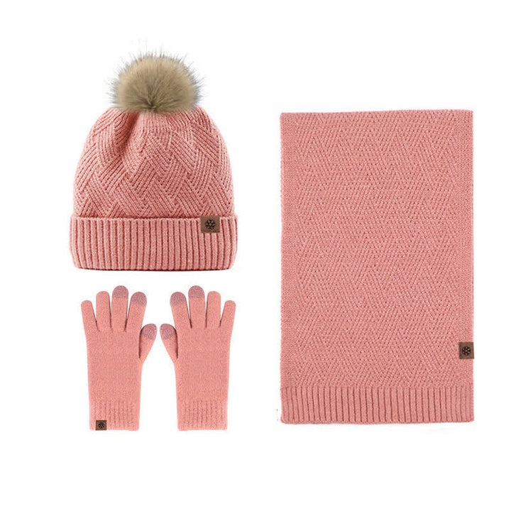 3Pcs Women's Pompom Woven Hat Scarf Touchscreen Gloves Set