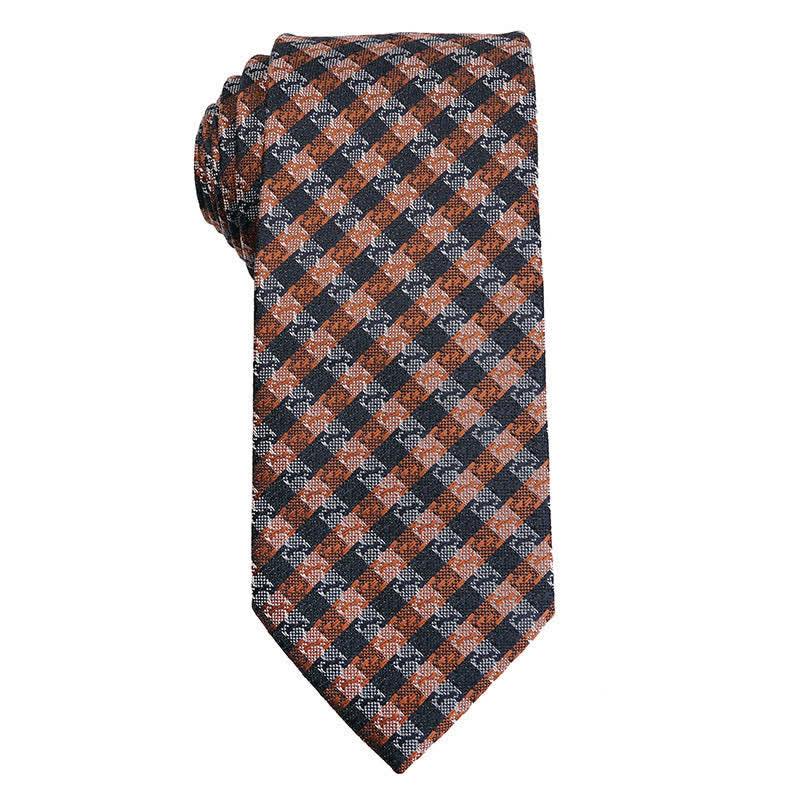 Men's Gold Orange Series Paisley Floral Necktie - Coffee Plaid - image 9