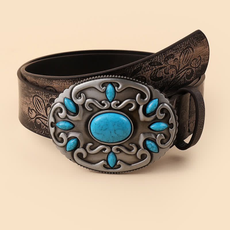 Women's Turquoise Decor Oval Buckle Leather Belt