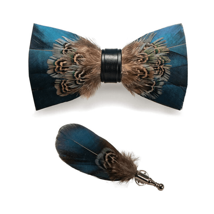 Kid's Green & Brown Vintage Feather Bow Tie with Lapel Pin