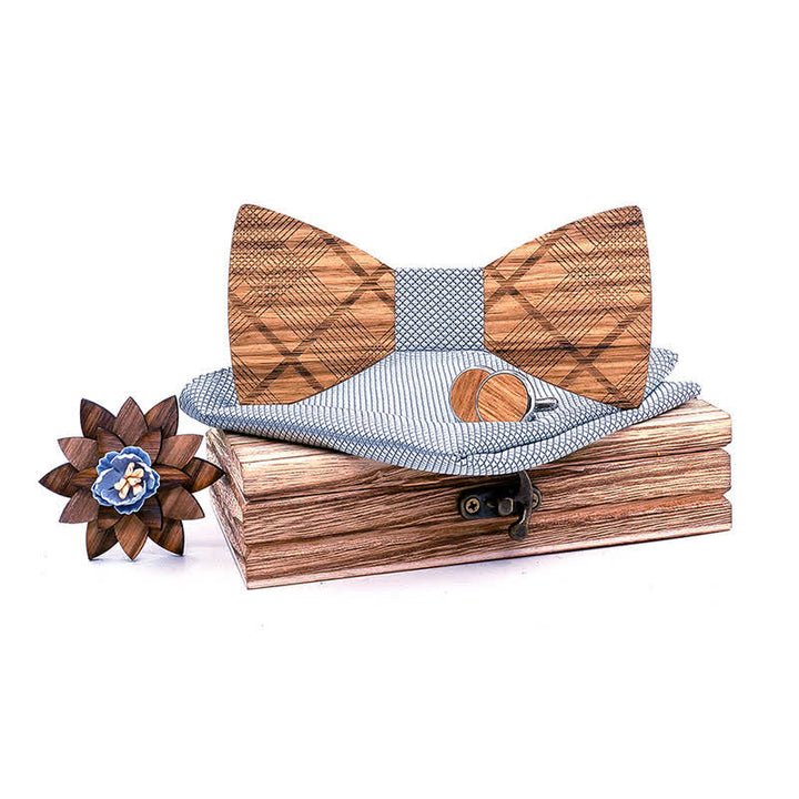 4Pcs Men's Classic Plaids Wooden Bow Tie Set