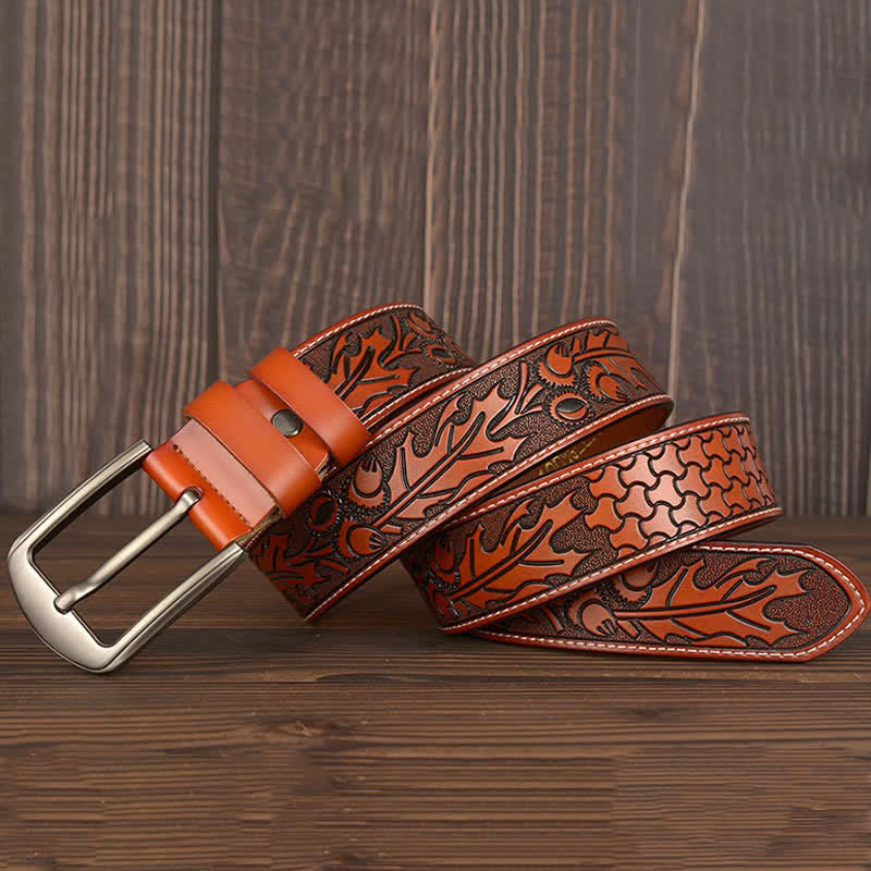 Men's Floral Embossed Pattern Leather Belt