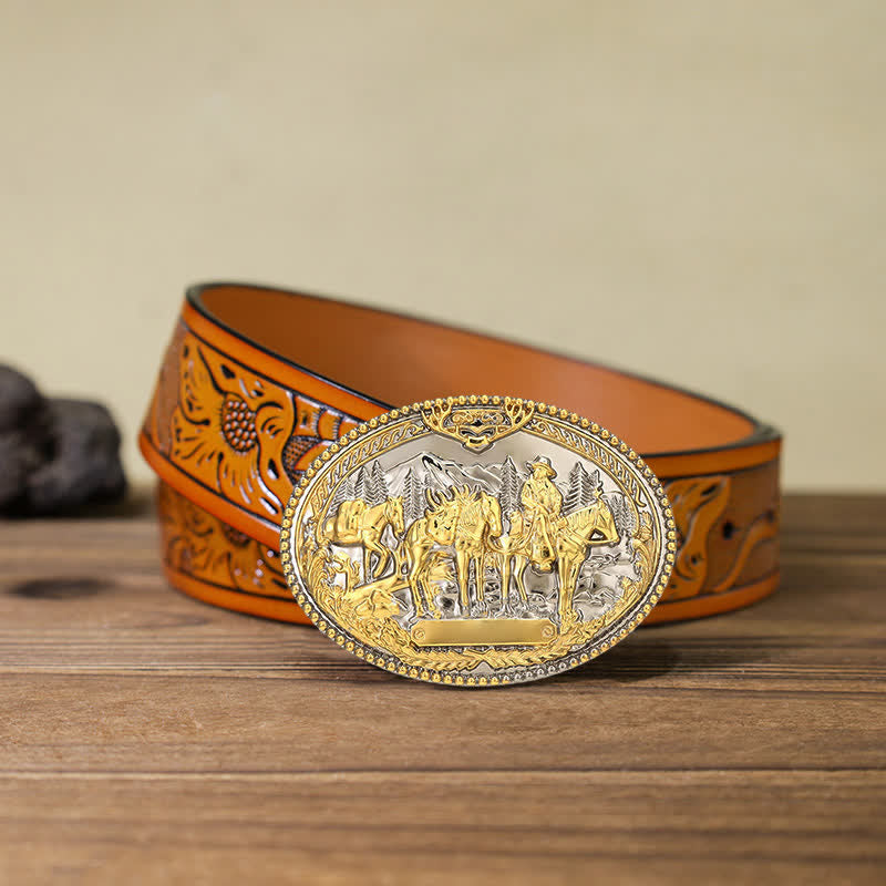 Men's DIY Cowboy Knight Leading Horse Buckle Leather Belt