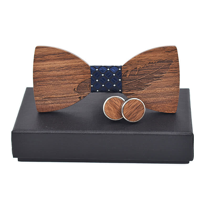 2Pcs Men's Feather Engraving Wooden Bow Tie Set