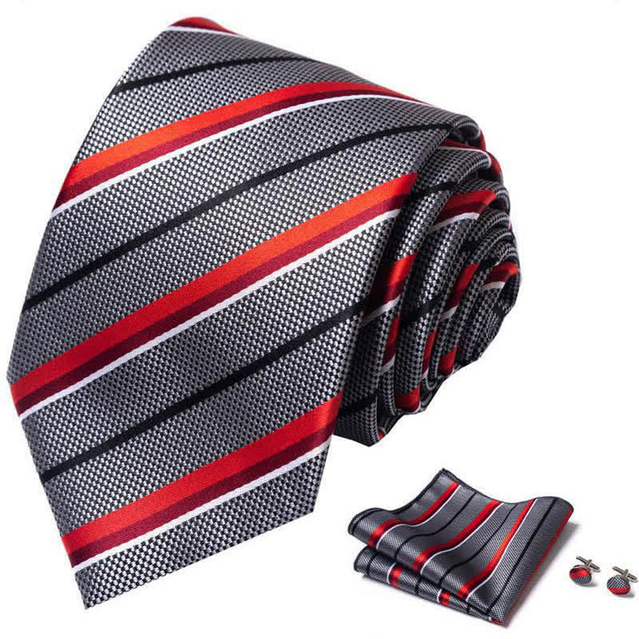3Pcs Men's Gray & Red Striped Necktie Set - image 1