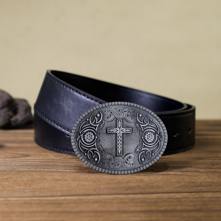 Men's DIY Faith Cross Floral Buckle Leather Belt