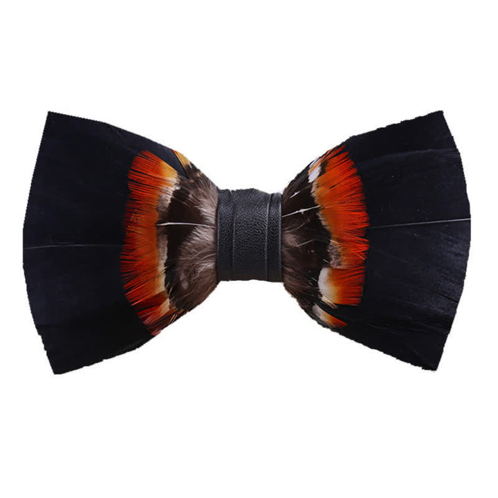 Black & Orange Feather Bow Tie with Lapel Pin