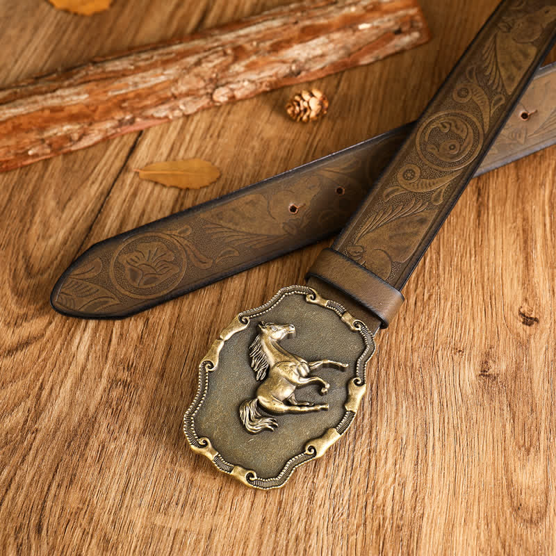 Men's Black Silver Running Horse Leather Belt - image 2