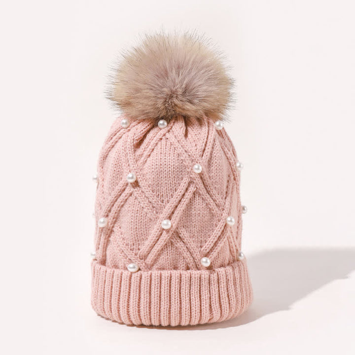 Women's Cute Pearls Deor Pompoms Stretchy Knitted Hat