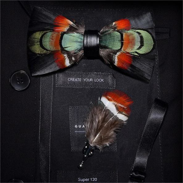 Black & Red Green Mallard Feather Bow Tie with Lapel Pin