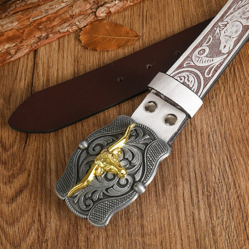 Men's Square Golden Longhorn Bull Leather Belt