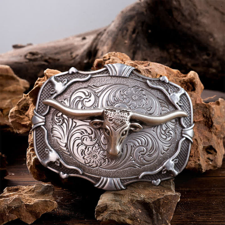 Men's DIY Silver Longhorn Bull Square Buckle Leather Belt