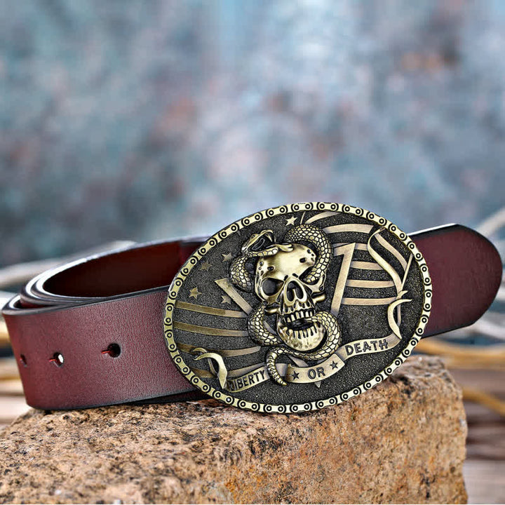 Men's DIY "Liberty or Death" Snake Skull Buckle Leather Belt