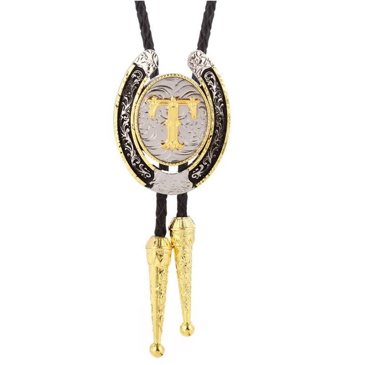Modern Western Horseshoe Initial Letter A To Z Bolo Tie - Gold - T - image 23