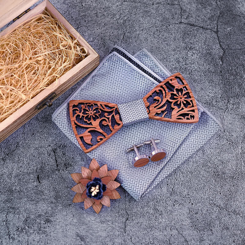 4pcs Men's Hollow Floral Wooden Bow Tie Set