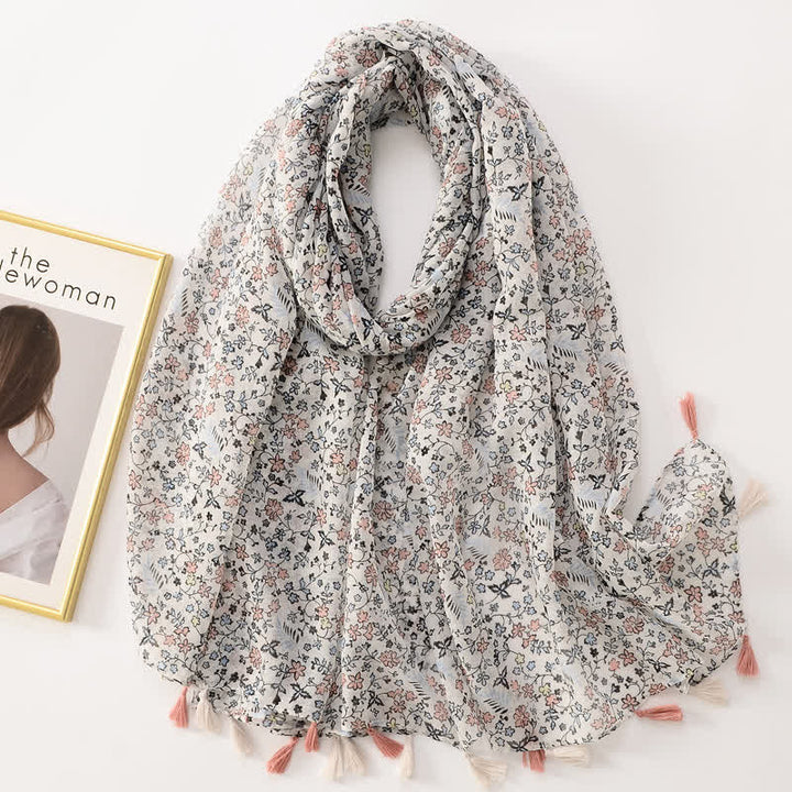 Women's Thin Lovely Butterfly Floral Tassel Scarf