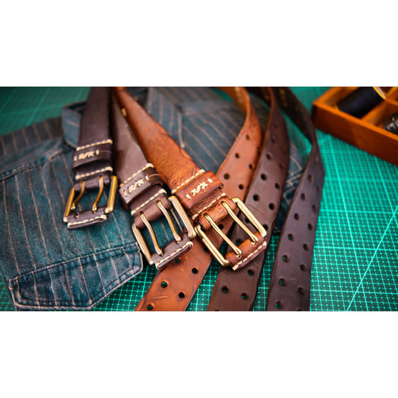 Men's Wide Double Pin Buckle Leather Belt - image 2