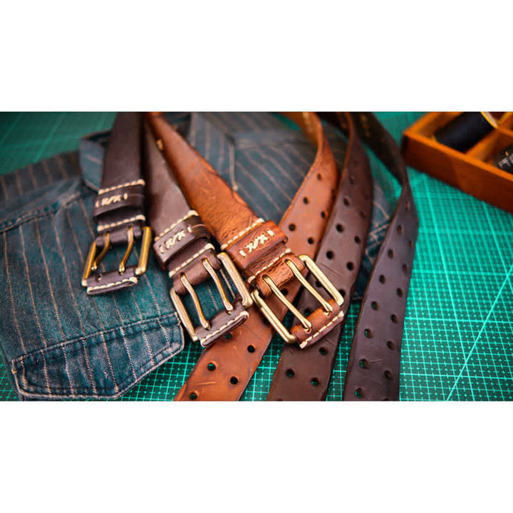 Men's Wide Double Pin Buckle Leather Belt - image 2