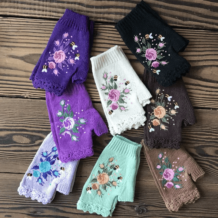 Women's Flower Embroidered Half Finger Knit Gloves