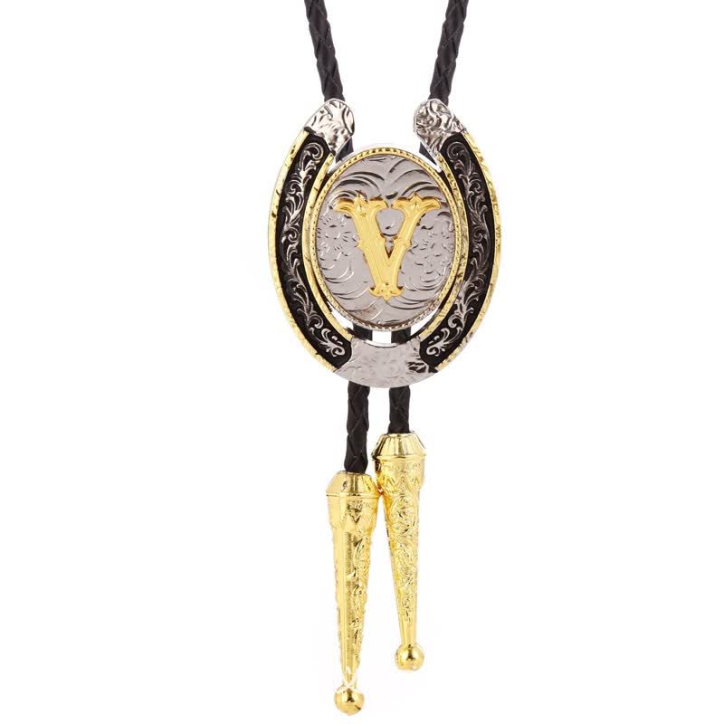 Modern Western Horseshoe Initial Letter A To Z Bolo Tie - Gold - V - image 25