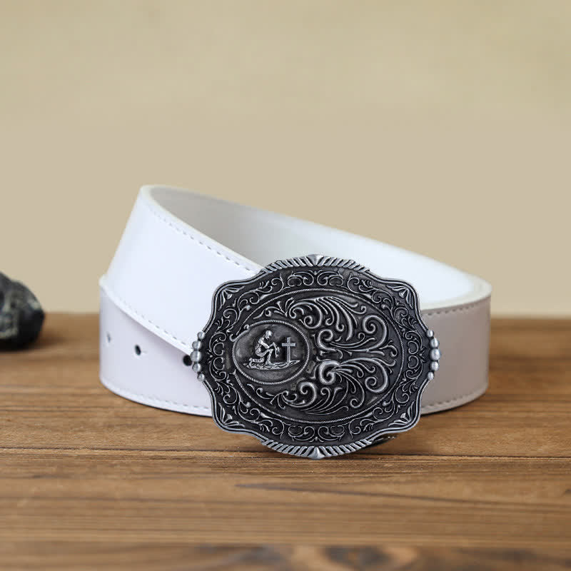 Men's DIY Engraved Floral Earnest Prayer Buckle Leather Belt