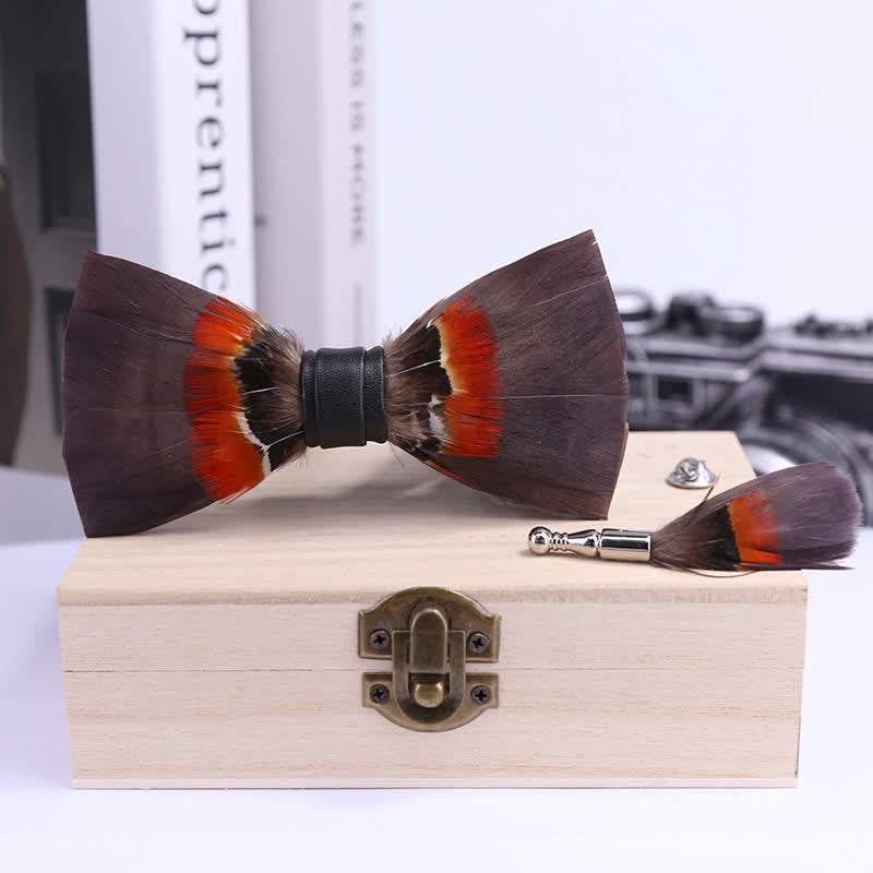 Brown & Orange Feather Bow Tie with Lapel Pin