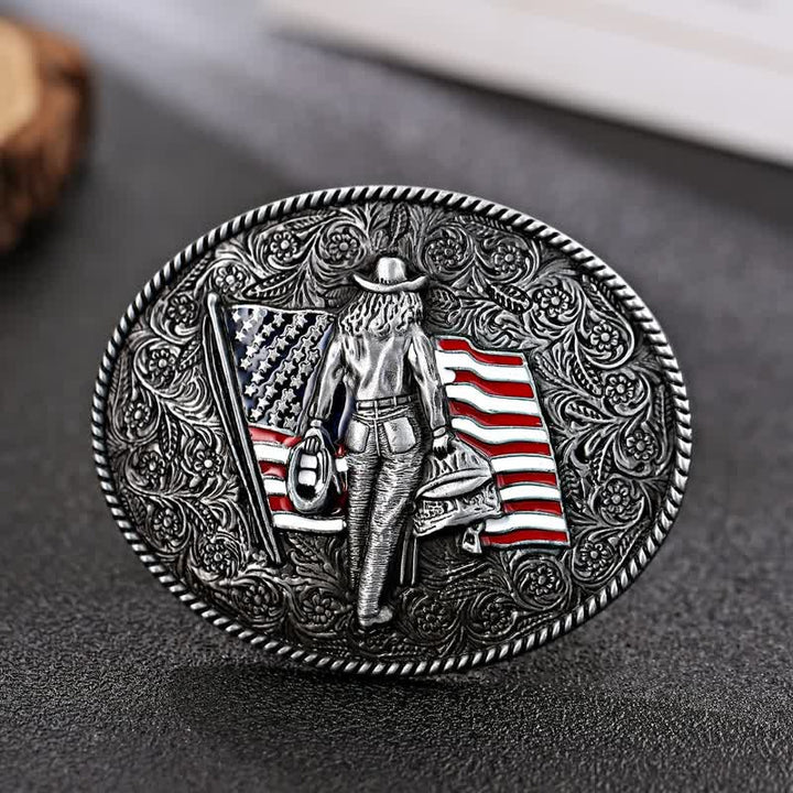 Men's DIY Cowboy American Flag Buckle Leather Belt