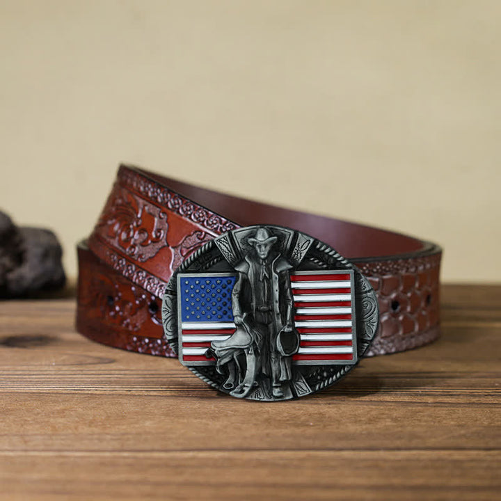 Men's DIY American Flag Cowboy Buckle Leather Belt