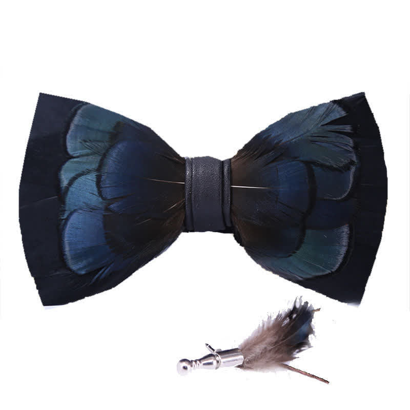 Kid's MidnightBlue Mysterious Feather Bow Tie with Lapel Pin